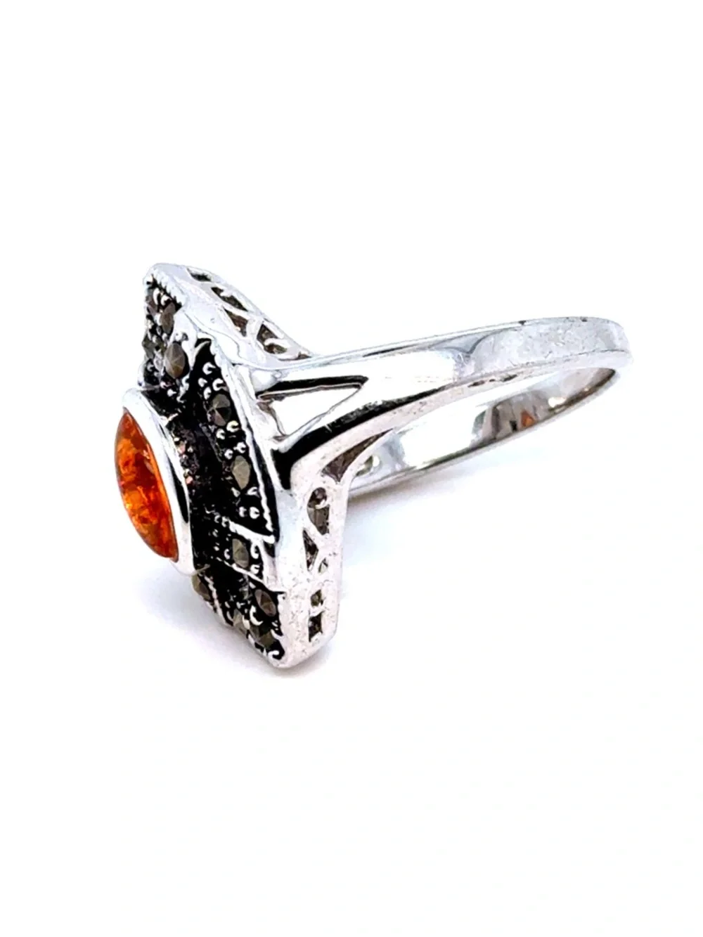 Silver Colored Amber Marquise Ring - Orange‎ Gemstone
